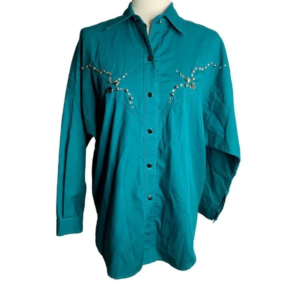Vintage 80s H Bar C Embellished Western Shirt M Green Long Sleeve Rhinestone - Picture 2 of 6